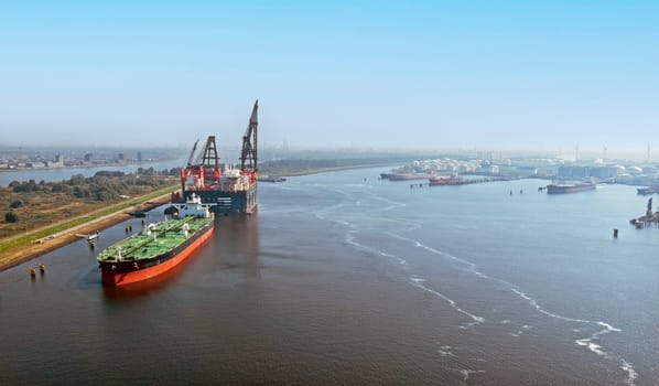 Aerial from industry in the harbor of Rotterdam in the Netherlands