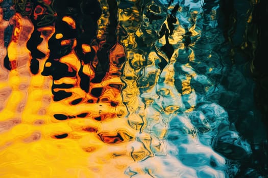 A reflection of a person in a pool of water. The reflection is distorted and colorful, with a mix of blue, green, and yellow. Scene is dreamy and surreal