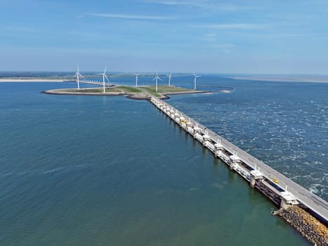 Aerial from deltaworks Neeltje Jans with the Easter Scheldt flood barrier in Zeeland the Netherlands