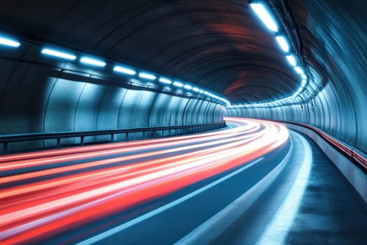 A tunnel with a bright blue wall and red streaks of light. The tunnel is dark and the light is coming from the tunnel