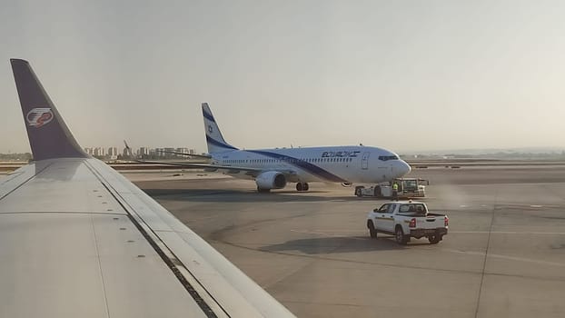 15 October 2024 Tel-Aviv Israel Ben Gurion airport, passenger plane Boeing airline El Al Israel Airlines, on the runway, travel transport, gray sky. High quality editorial photo
