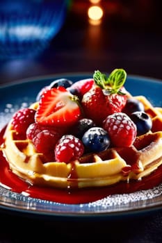 Delicious waffles topped with fresh strawberries, blueberries, and raspberries. Drizzled with sweet syrup, garnished with mint leaves. Perfect for breakfast or dessert lovers