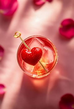 A charming Valentine's Day cocktail with bright red shades, decorated with a slice of strawberry in the shape of a heart.