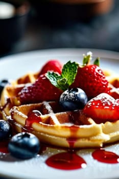 Mouthwatering waffles served with vibrant mixed berries. Rich syrup pools around fluffy texture, creating an inviting and colorful dish. Ideal for food blogs and restaurant menus