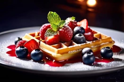 Mouthwatering waffles served with vibrant mixed berries. Rich syrup pools around fluffy texture, creating an inviting and colorful dish. Ideal for food blogs and restaurant menus