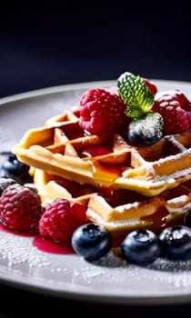 Freshly made waffles adorned with an array of juicy berries. Dusting of powdered sugar adds elegance. Great choice for culinary photography and breakfast inspiration