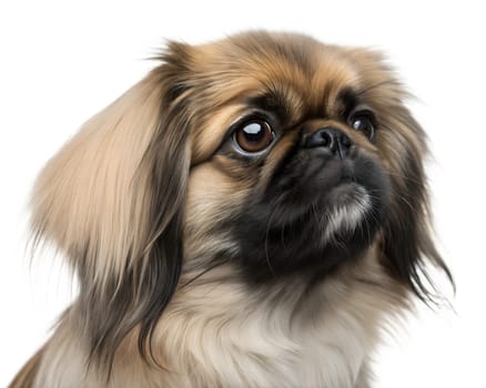 Pekingese dog portrait isolated on white background. Pekingese dog headshot on white background. Ai generated