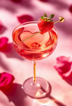 A charming Valentine's Day cocktail with bright red shades, decorated with a slice of strawberry in the shape of a heart.