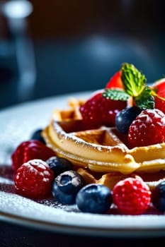 Freshly made waffles adorned with an array of juicy berries. Dusting of powdered sugar adds elegance. Great choice for culinary photography and breakfast inspiration