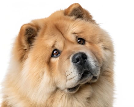 Furry chow chow portrait looking at camera isolated on white background. Chow chow headshot on white background. Ai generated image