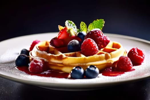 Freshly made waffles adorned with an array of juicy berries. Dusting of powdered sugar adds elegance. Great choice for culinary photography and breakfast inspiration