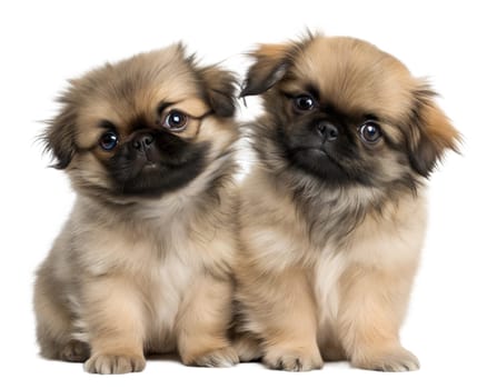 Pekingese puppies isolated on white background. Pekingese puppies sitting and looking at camera on white background. Ai generated