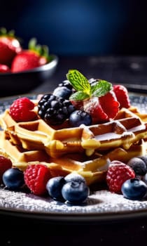 Golden waffles generously topped with ripe strawberries and blueberries. Bright red raspberry sauce enhances visual appeal, making it perfect for food advertising and social media posts