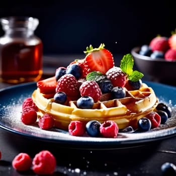 Scrumptious waffles presented with a variety of berries. Garnished with mint leaves, offering a fresh touch. Excellent for food photography and recipe sharing