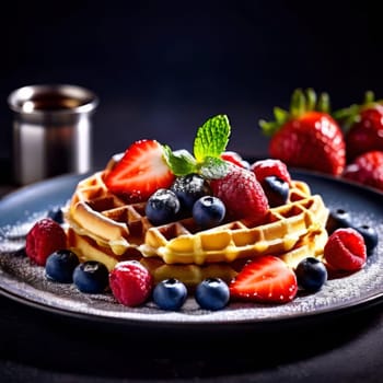 Irresistible plate of waffles bursting with fresh strawberries, blueberries, and raspberries. Sweet syrup enhances flavor, perfect for catering advertisements and culinary promotions
