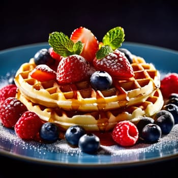 Irresistible plate of waffles bursting with fresh strawberries, blueberries, and raspberries. Sweet syrup enhances flavor, perfect for catering advertisements and culinary promotions
