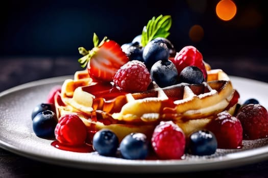 Irresistible plate of waffles bursting with fresh strawberries, blueberries, and raspberries. Sweet syrup enhances flavor, perfect for catering advertisements and culinary promotions