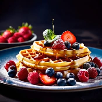 Irresistible plate of waffles bursting with fresh strawberries, blueberries, and raspberries. Sweet syrup enhances flavor, perfect for catering advertisements and culinary promotions