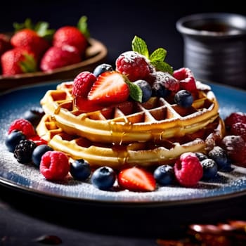 Irresistible plate of waffles bursting with fresh strawberries, blueberries, and raspberries. Sweet syrup enhances flavor, perfect for catering advertisements and culinary promotions