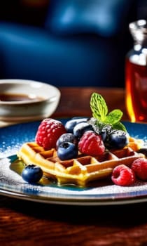 Golden waffles topped with fresh strawberries, blueberries, and raspberries. Light dusting of powdered sugar and mint leaves create a vibrant, inviting breakfast scene perfect for food lovers