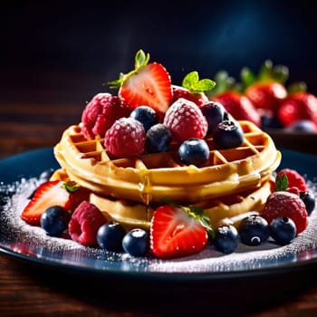 Golden waffles topped with fresh strawberries, blueberries, and raspberries. Light dusting of powdered sugar and mint leaves create a vibrant, inviting breakfast scene perfect for food lovers