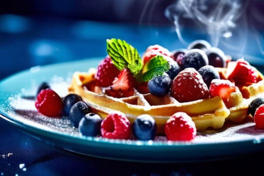 Golden waffles topped with fresh strawberries, blueberries, and raspberries. Light dusting of powdered sugar and mint leaves create a vibrant, inviting breakfast scene perfect for food lovers
