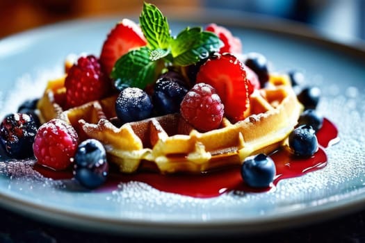 Golden waffles topped with fresh strawberries, blueberries, and raspberries. Light dusting of powdered sugar and mint leaves create a vibrant, inviting breakfast scene perfect for food lovers
