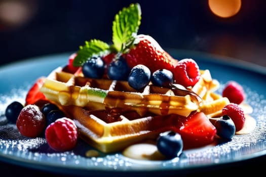 Golden waffles topped with fresh strawberries, blueberries, and raspberries. Light dusting of powdered sugar and mint leaves create a vibrant, inviting breakfast scene perfect for food lovers