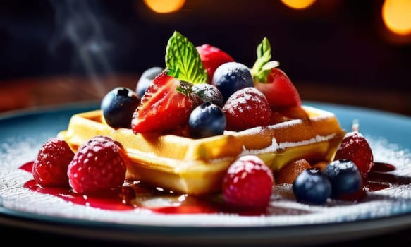 Golden waffles topped with fresh strawberries, blueberries, and raspberries. Light dusting of powdered sugar and mint leaves create a vibrant, inviting breakfast scene perfect for food lovers
