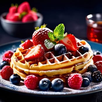 Golden waffles topped with fresh strawberries, blueberries, and raspberries. Light dusting of powdered sugar and mint leaves create a vibrant, inviting breakfast scene perfect for food lovers