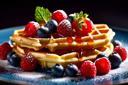 Golden waffles topped with fresh strawberries, blueberries, and raspberries. Light dusting of powdered sugar and mint leaves create a vibrant, inviting breakfast scene perfect for food lovers
