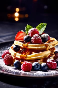Golden waffles topped with fresh strawberries, blueberries, and raspberries. Light dusting of powdered sugar and mint leaves create a vibrant, inviting breakfast scene perfect for food lovers