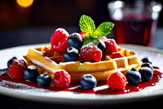 Delicious waffles served on a blue plate, adorned with colorful berries and drizzled with syrup. Bright presentation captures attention, ideal for brunch menus and culinary blogs