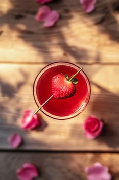 A charming Valentine's Day cocktail with bright red shades, decorated with a slice of strawberry in the shape of a heart.