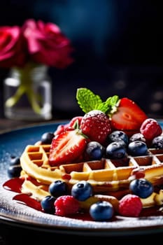 Delicious waffles served on a blue plate, adorned with colorful berries and drizzled with syrup. Bright presentation captures attention, ideal for brunch menus and culinary blogs