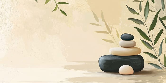 In a peaceful setting, smooth stones are stacked in a balanced formation, surrounded by soft, leafy greenery. The warm background enhances the tranquil vibe.