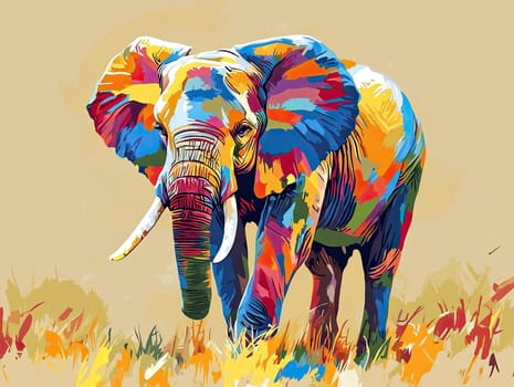 A richly colored elephant stands gracefully amidst tall grass, showcasing artistic patterns under a warm twilight sky, creating a captivating visual experience.