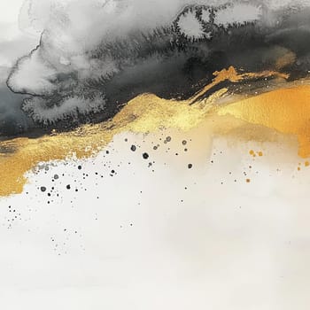 This artwork showcases an abstract design with flowing black and grey shades, combined with vibrant gold highlights, creating a dynamic visual effect.