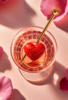 A charming Valentine's Day cocktail with bright red shades, decorated with a slice of strawberry in the shape of a heart.