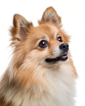Portrait of ginger Spitz dog, isolated on white background. Headshot of Pomeranian Spitz. Ai generated image