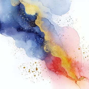 This artwork showcases an abstract design created with watercolors, featuring flowing blue, red, and yellow hues complemented by delicate gold highlights.