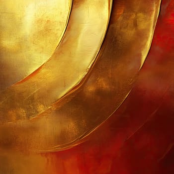 Curved golden shapes gracefully blend into a vivid red backdrop, creating an abstract artwork that radiates warmth and depth, inviting viewers to explore its texture.