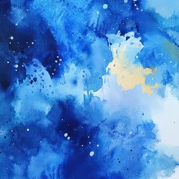 This artwork showcases an abstract composition of deep blue hues blended with lighter tones and shimmering gold accents, evoking a serene and calming vibe.