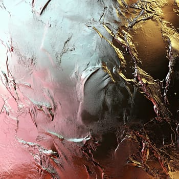 The artwork features a dynamic blend of metallic colors and textures, creating an engaging visual experience. Intricate patterns intertwine across the surface, inviting closer inspection.