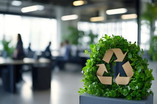 Symbols of ecology against the background of greenery in the office, where issues of greening the metropolis, recycling of waste, and problems of environmental pollution are being addressed. High quality photo