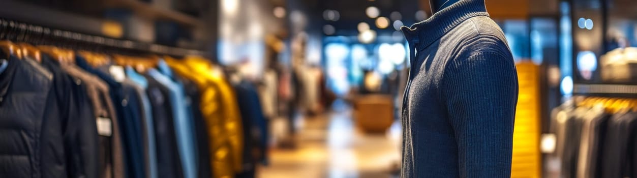 A male mannequin stands in front of a clothing store. High quality photo
