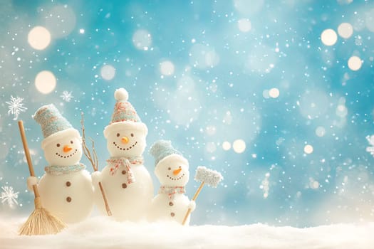 Three snowmen stand on a snowy street in winter. High quality photo
