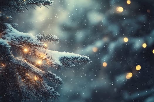 A branch of a coniferous tree covered with snow in a winter forest. High quality photo