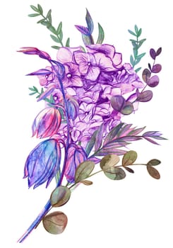 Watercolor sketch illustration with pink flowers bouquet drawn with watercolor pencil workflow