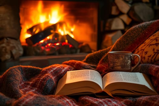 An open book lies on a blanket near a burning fireplace. Winter holidays concept. High quality photo